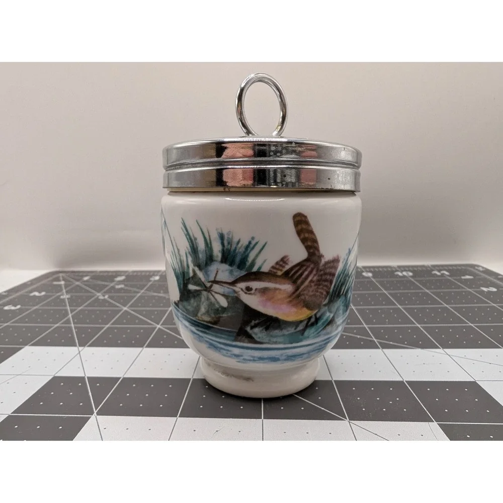 Royal Worcester Porcelain Egg Coddler Birds Pattern Made in England Chrome Lid